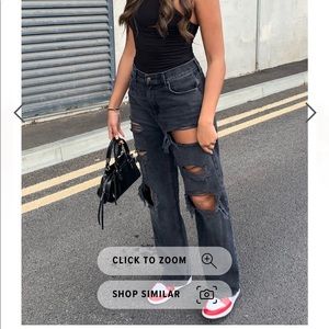 Black washed distressed loose jeans